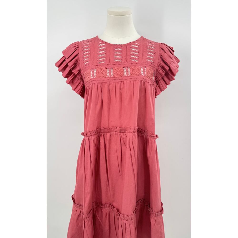 Sea New York Thora Dress Crochet Rhubarb Pink Red Flutter Sleeve Ruffle Short S